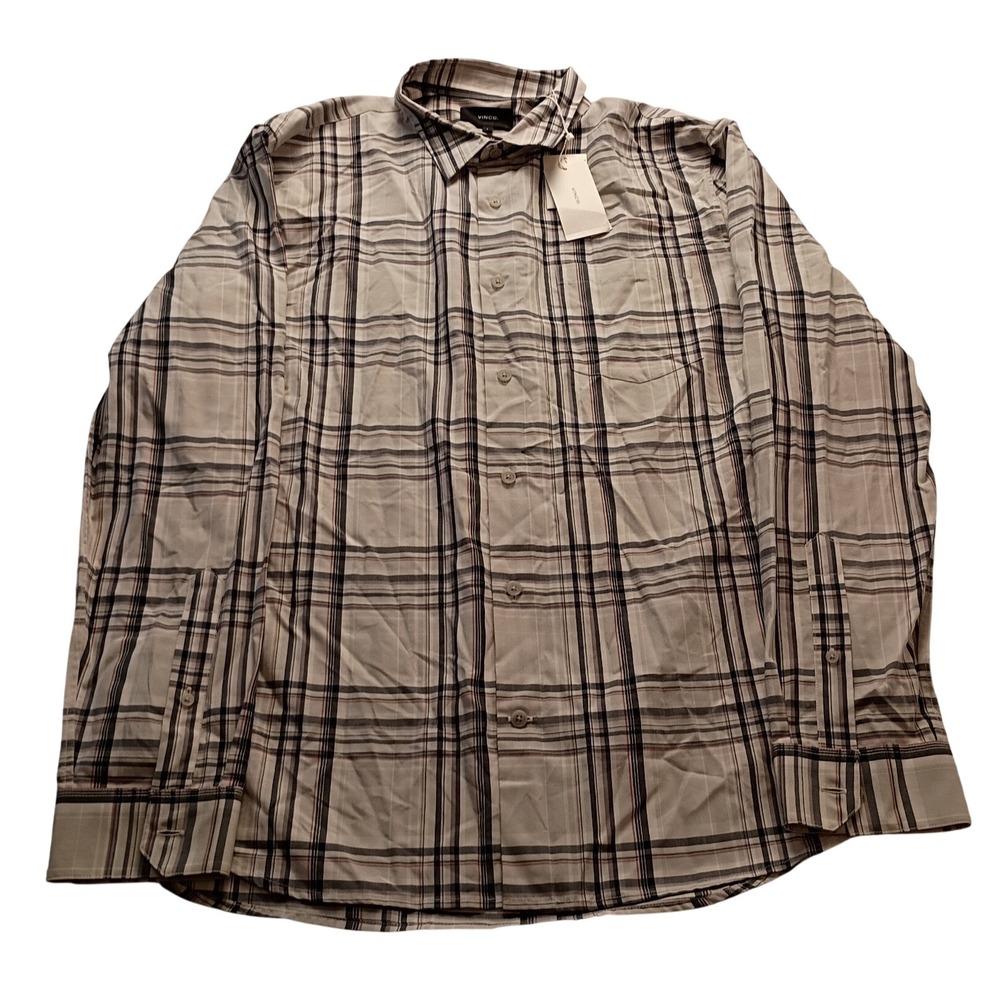 Vince Button Down Men's Classic Fit Large Grey Plaid Long Sleeve Polo L NWT